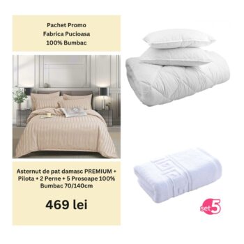 Pachet Promo - Lenjerie de pat damasc PREMIUM + Set 5 prosoape 100% Bumbac + Pilota + 2 Perne | 0007