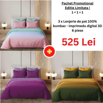 Pachet Promo 1+1+1 - Lenjerie de pat 100% bumbac - imprimeu digital - cu elastic | 15044