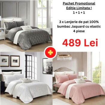 Pachet Promo 1+1+1 - Lenjerie de pat 100% bumbac Jaquard cu elastic | 15036