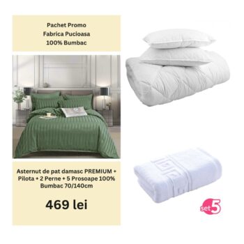 Pachet Promo - Lenjerie de pat damasc PREMIUM + Set 5 prosoape 100% Bumbac + Pilota + 2 Perne | 0006