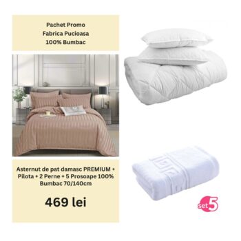 Pachet Promo - Lenjerie de pat damasc PREMIUM + Set 5 prosoape 100% Bumbac + Pilota + 2 Perne | 0003