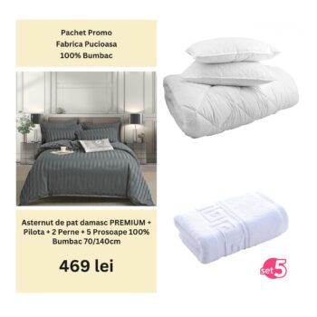 Pachet Promo - Lenjerie de pat damasc PREMIUM + Set 5 prosoape 100% Bumbac + Pilota + 2 Perne | 0001
