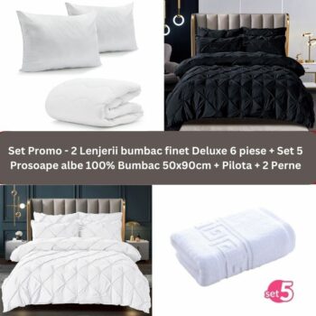 Pachet Promo - 2 Lenjerii bumbac finet Deluxe + Set 5 prosoape 100% Bumbac + Pilota + 2 Perne | 9235