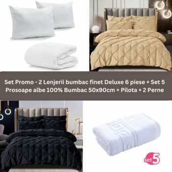 Pachet Promo - 2 Lenjerii bumbac finet Deluxe + Set 5 prosoape 100% Bumbac + Pilota + 2 Perne | 9243