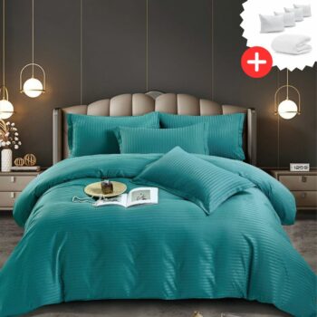 Pachet promo lenjerie de pat bumbac damasc premium cu elastic 6 piese + Pilota + 4 Perne | 9947-J