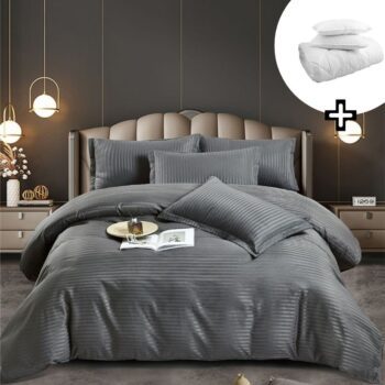 Pachet promo lenjerie de pat bumbac damasc premium cu elastic 6 piese + Pilota + 2 Perne | 8159-J